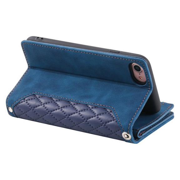 For iPhone 16e Grid Texture Zipper Leather Phone Case with Lanyard(Blue)