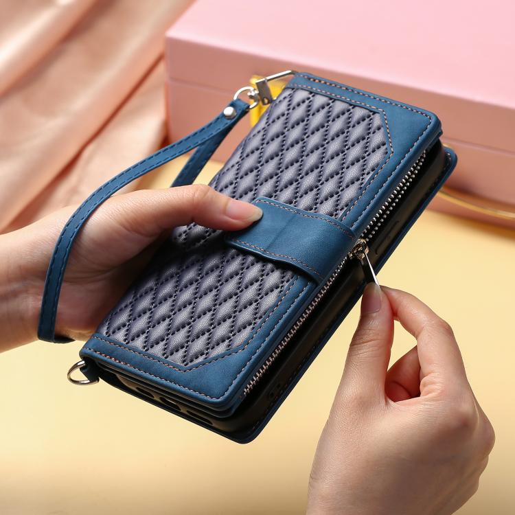 For iPhone 16e Grid Texture Zipper Leather Phone Case with Lanyard(Blue)