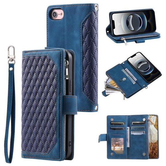 For iPhone 16e Grid Texture Zipper Leather Phone Case with Lanyard(Blue)