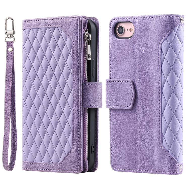 For iPhone 16e Grid Texture Zipper Leather Phone Case with Lanyard(Purple)
