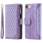For iPhone 16e Grid Texture Zipper Leather Phone Case with Lanyard(Purple)