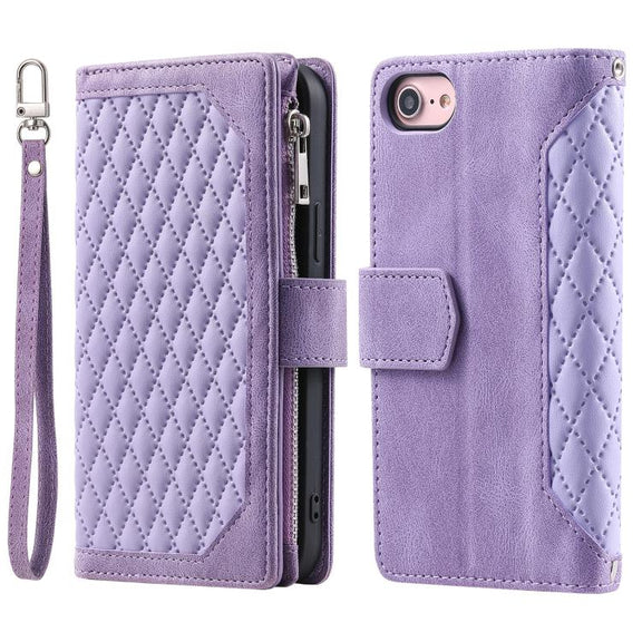 For iPhone 16e Grid Texture Zipper Leather Phone Case with Lanyard(Purple)