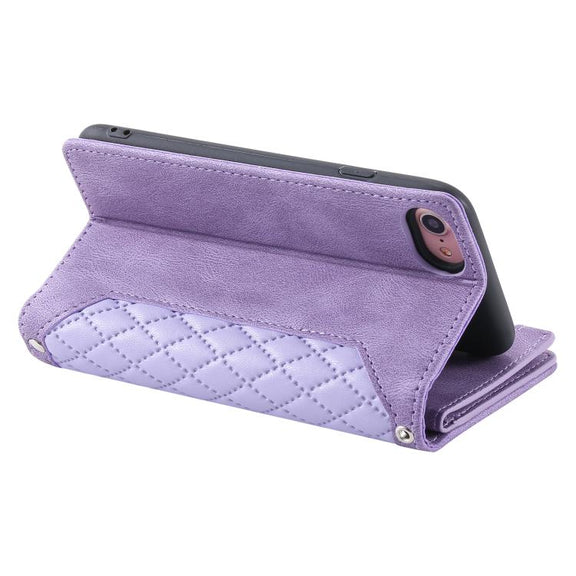 For iPhone 16e Grid Texture Zipper Leather Phone Case with Lanyard(Purple)