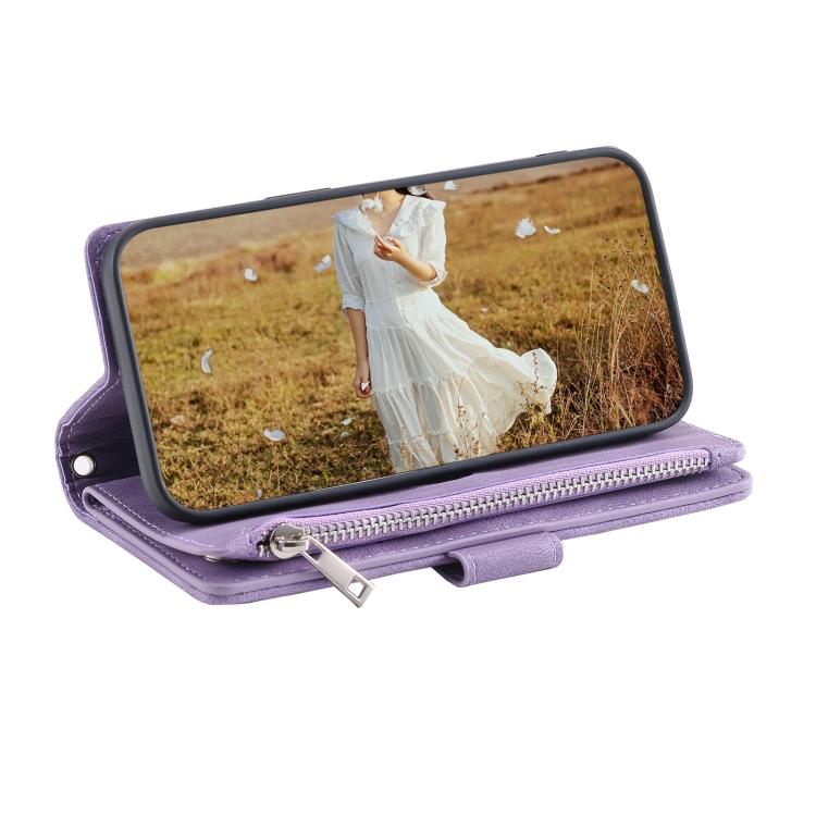 For iPhone 16e Grid Texture Zipper Leather Phone Case with Lanyard(Purple)