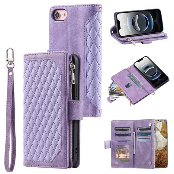 For iPhone 16e Grid Texture Zipper Leather Phone Case with Lanyard(Purple)