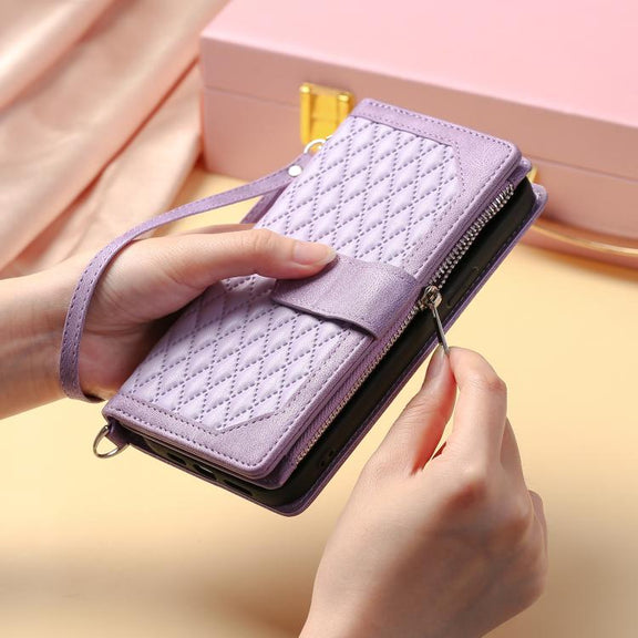 For iPhone 16e Grid Texture Zipper Leather Phone Case with Lanyard(Purple)