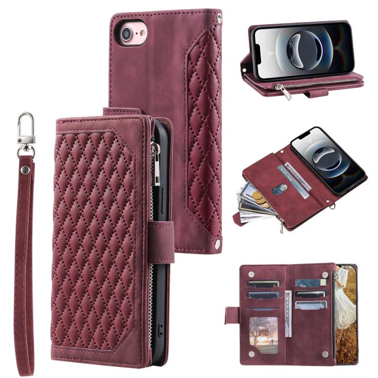 For iPhone 16e Grid Texture Zipper Leather Phone Case with Lanyard(Wine Red)