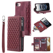 For iPhone 16e Grid Texture Zipper Leather Phone Case with Lanyard(Wine Red)
