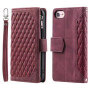 For iPhone 16e Grid Texture Zipper Leather Phone Case with Lanyard(Wine Red)