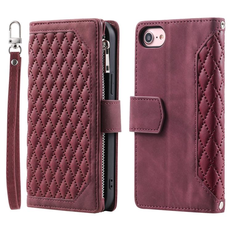 For iPhone 16e Grid Texture Zipper Leather Phone Case with Lanyard(Wine Red)