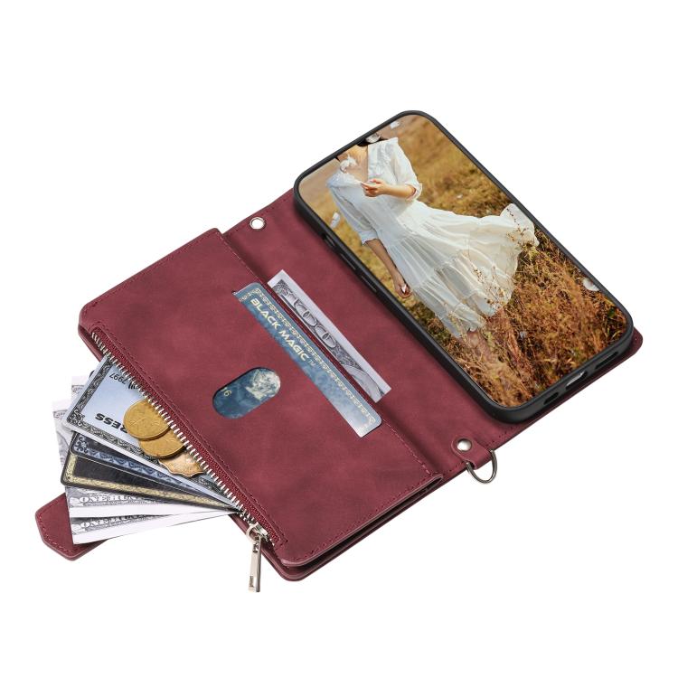 For iPhone 16e Grid Texture Zipper Leather Phone Case with Lanyard(Wine Red)