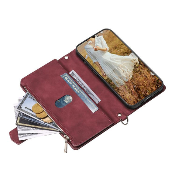 For iPhone 16e Grid Texture Zipper Leather Phone Case with Lanyard(Wine Red)