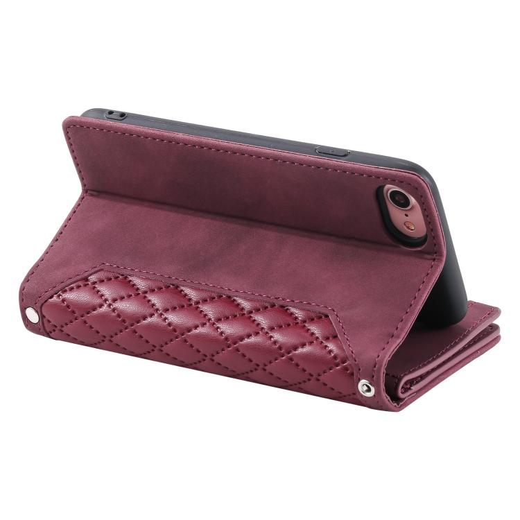 For iPhone 16e Grid Texture Zipper Leather Phone Case with Lanyard(Wine Red)