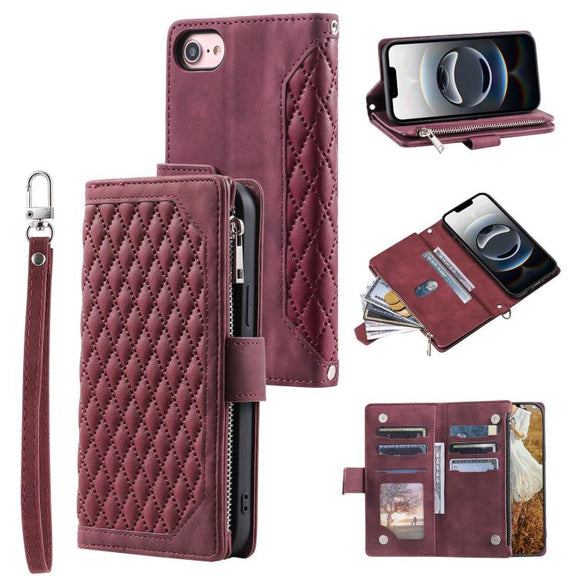 For iPhone 16e Grid Texture Zipper Leather Phone Case with Lanyard(Wine Red)