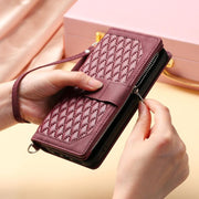 For iPhone 16e Grid Texture Zipper Leather Phone Case with Lanyard(Wine Red)