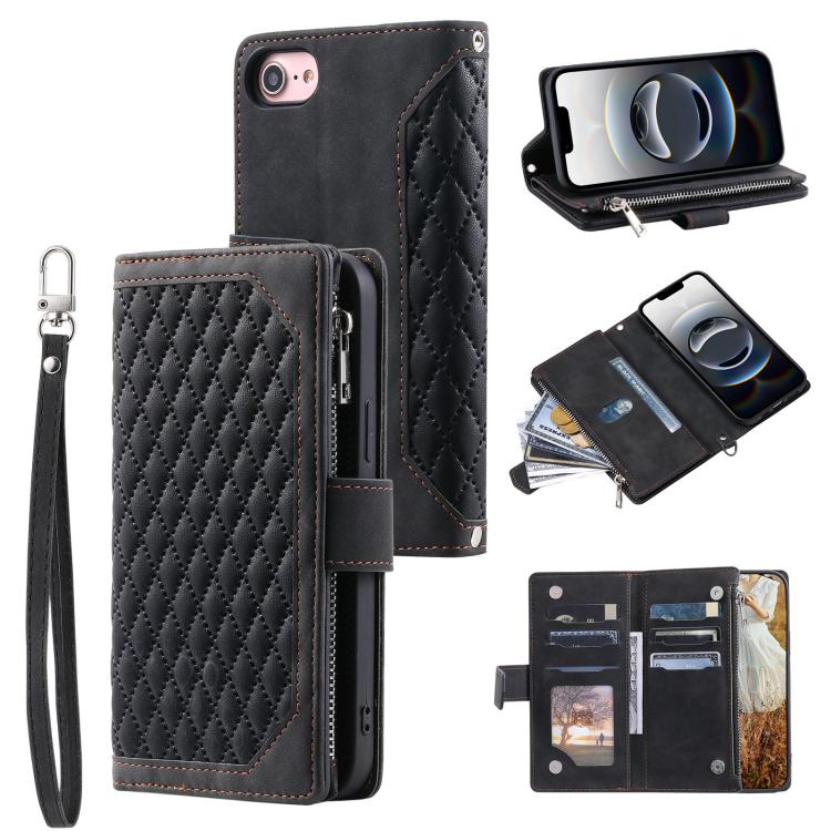 For iPhone 16e Grid Texture Zipper Leather Phone Case with Lanyard(Black)