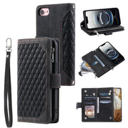For iPhone 16e Grid Texture Zipper Leather Phone Case with Lanyard(Black)