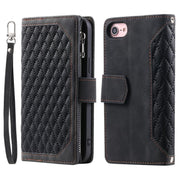 For iPhone 16e Grid Texture Zipper Leather Phone Case with Lanyard(Black)