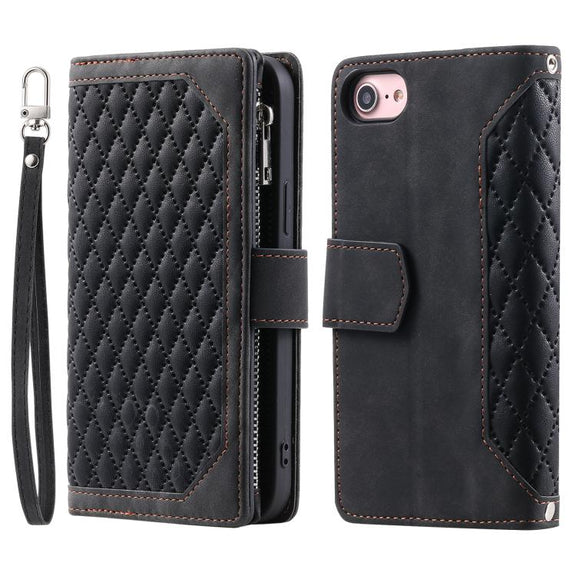 For iPhone 16e Grid Texture Zipper Leather Phone Case with Lanyard(Black)