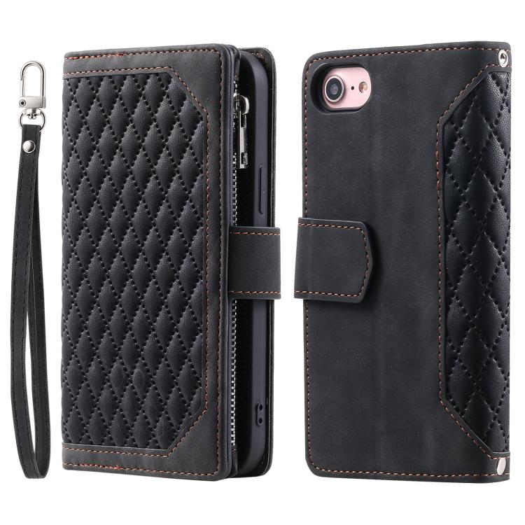 For iPhone 16e Grid Texture Zipper Leather Phone Case with Lanyard(Black)