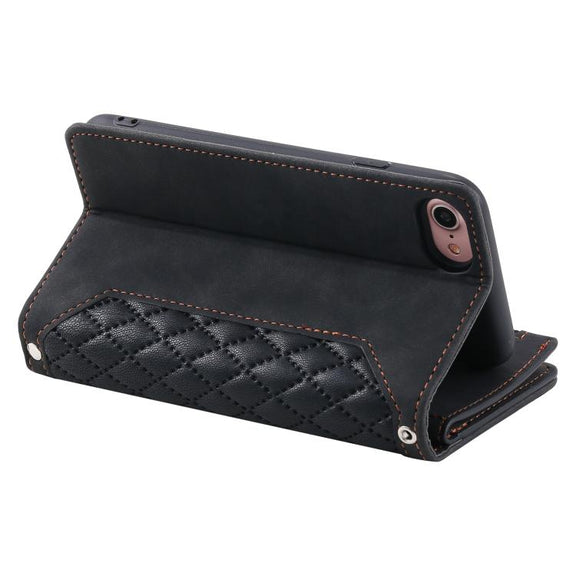For iPhone 16e Grid Texture Zipper Leather Phone Case with Lanyard(Black)