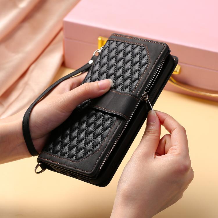 For iPhone 16e Grid Texture Zipper Leather Phone Case with Lanyard(Black)
