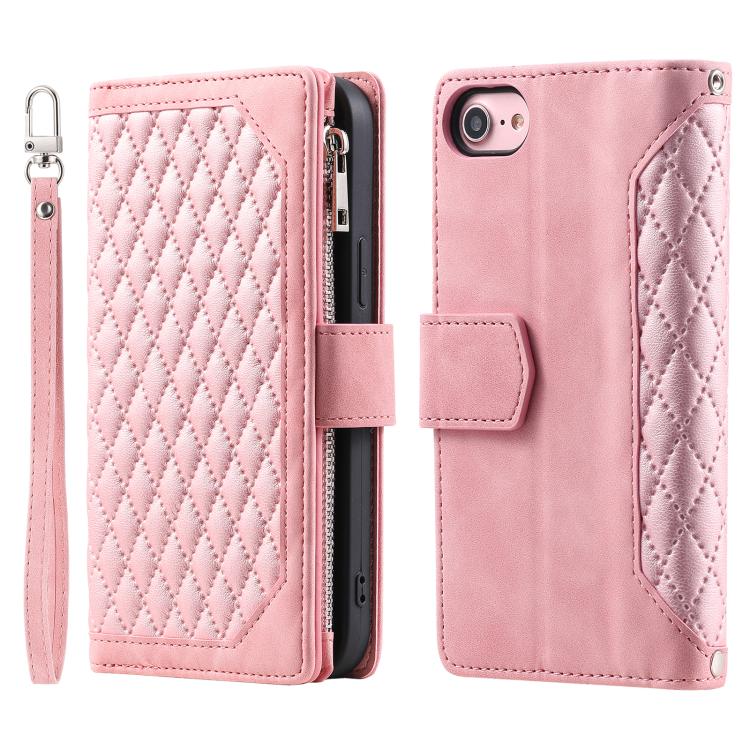 For iPhone 16e Grid Texture Zipper Leather Phone Case with Lanyard(Rose Gold)