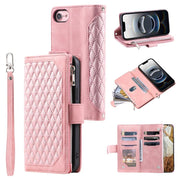 For iPhone 16e Grid Texture Zipper Leather Phone Case with Lanyard(Rose Gold)