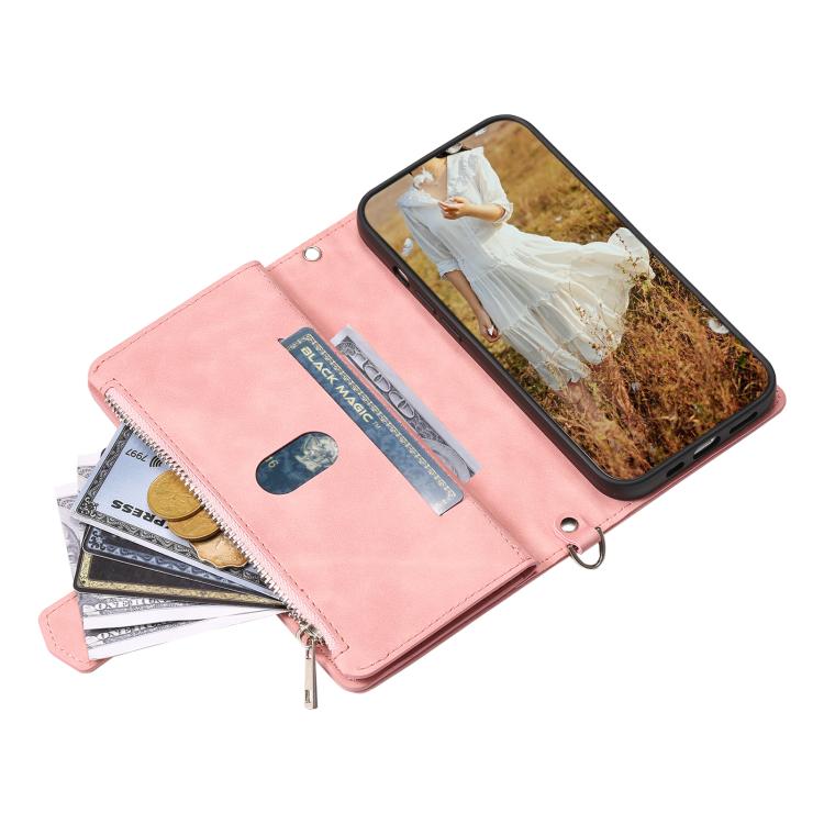For iPhone 16e Grid Texture Zipper Leather Phone Case with Lanyard(Rose Gold)