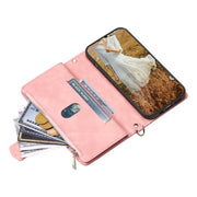 For iPhone 16e Grid Texture Zipper Leather Phone Case with Lanyard(Rose Gold)