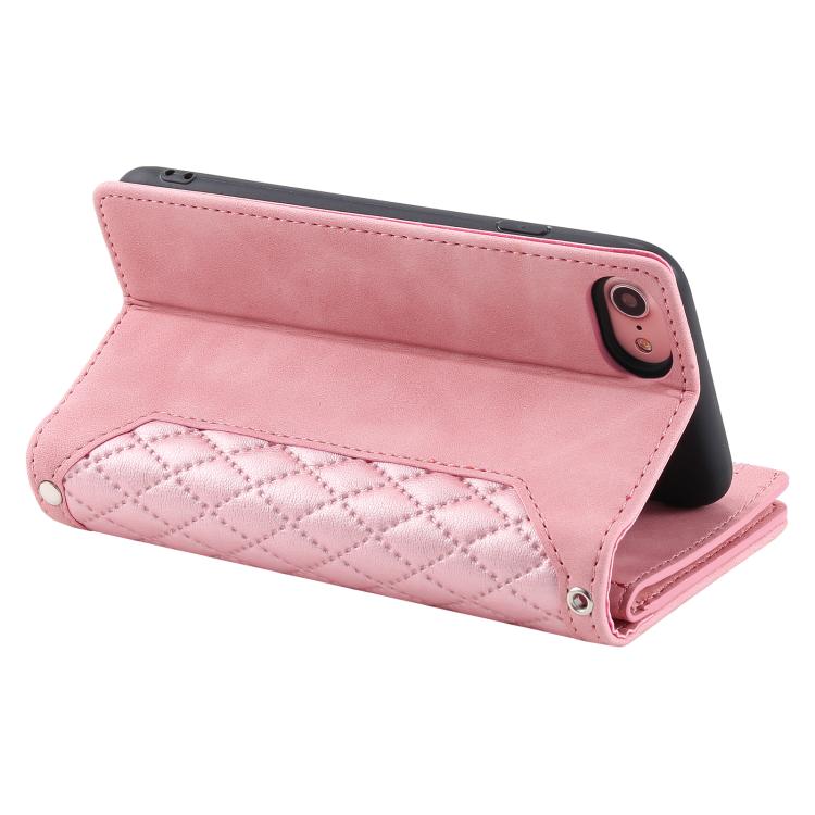 For iPhone 16e Grid Texture Zipper Leather Phone Case with Lanyard(Rose Gold)