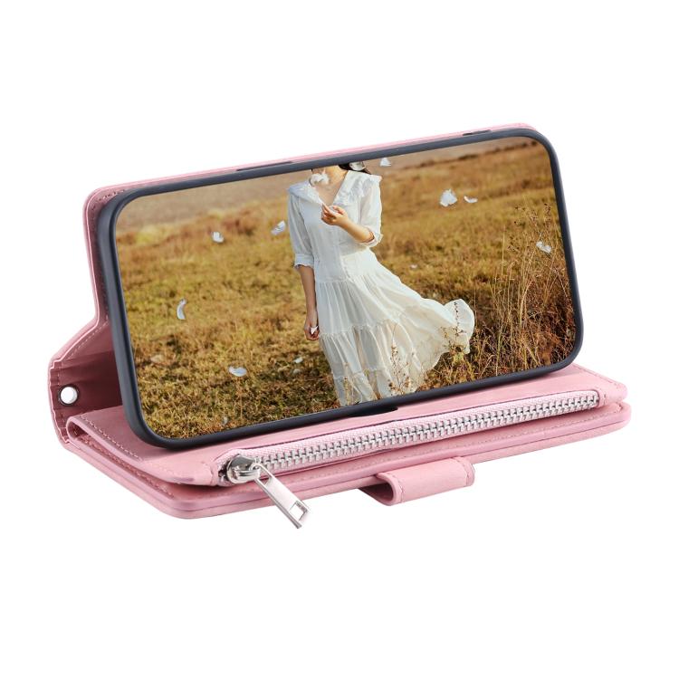 For iPhone 16e Grid Texture Zipper Leather Phone Case with Lanyard(Rose Gold)