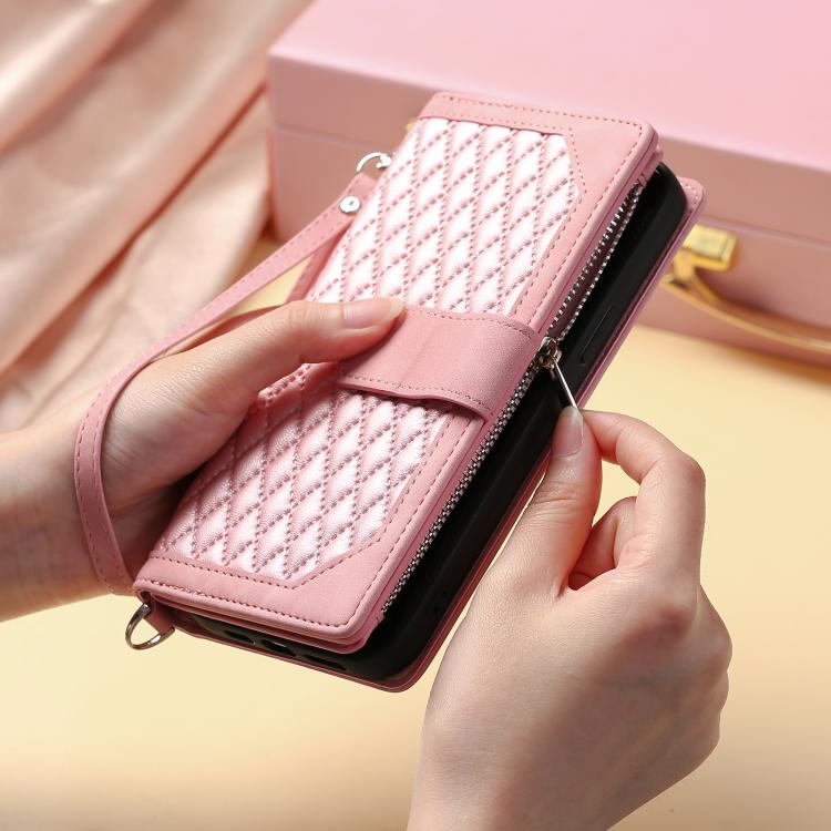 For iPhone 16e Grid Texture Zipper Leather Phone Case with Lanyard(Rose Gold)