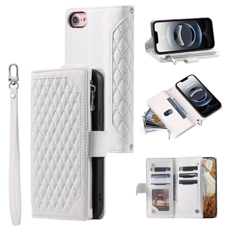 For iPhone 16e Grid Texture Zipper Leather Phone Case with Lanyard(White)