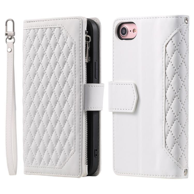 For iPhone 16e Grid Texture Zipper Leather Phone Case with Lanyard(White)