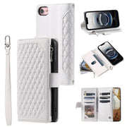 For iPhone 16e Grid Texture Zipper Leather Phone Case with Lanyard(White)