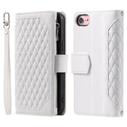 For iPhone 16e Grid Texture Zipper Leather Phone Case with Lanyard(White)