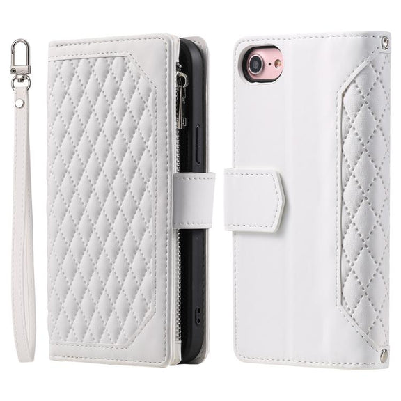 For iPhone 16e Grid Texture Zipper Leather Phone Case with Lanyard(White)