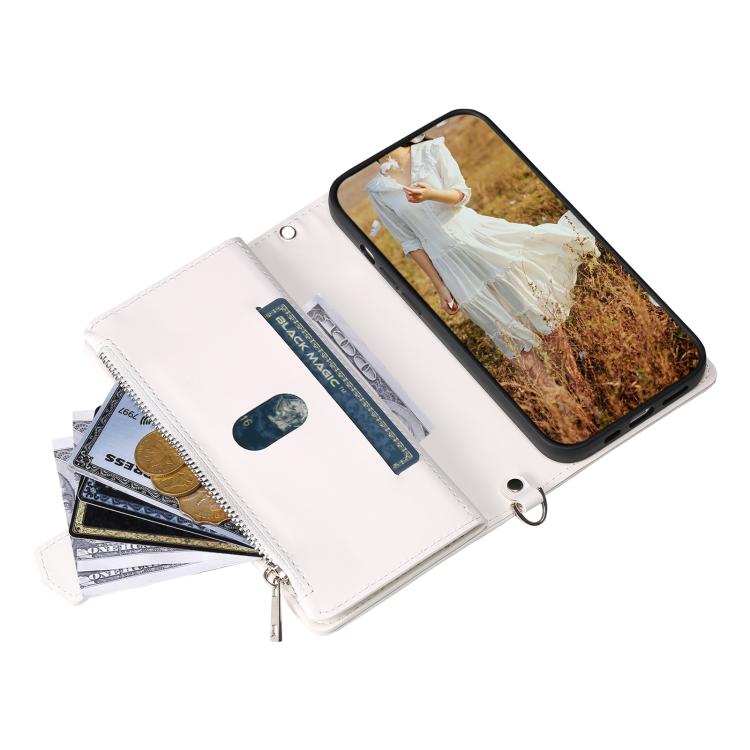 For iPhone 16e Grid Texture Zipper Leather Phone Case with Lanyard(White)