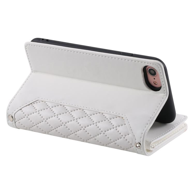 For iPhone 16e Grid Texture Zipper Leather Phone Case with Lanyard(White)