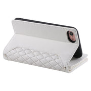 For iPhone 16e Grid Texture Zipper Leather Phone Case with Lanyard(White)