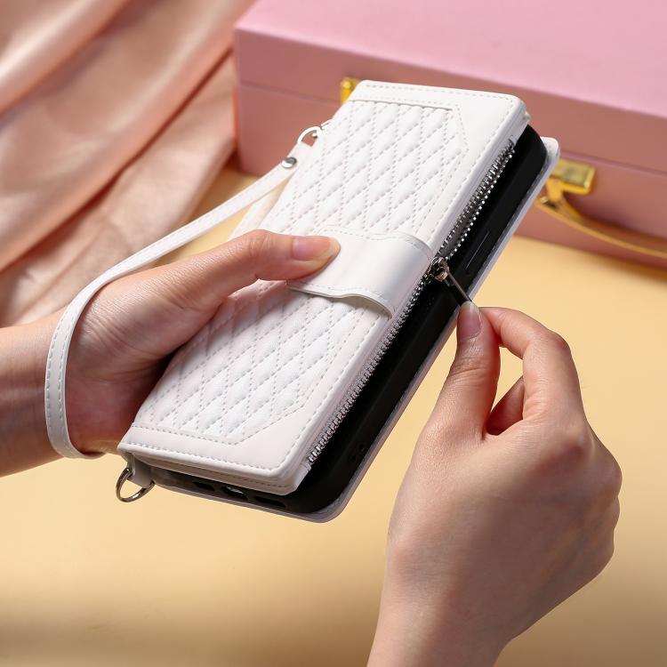 For iPhone 16e Grid Texture Zipper Leather Phone Case with Lanyard(White)