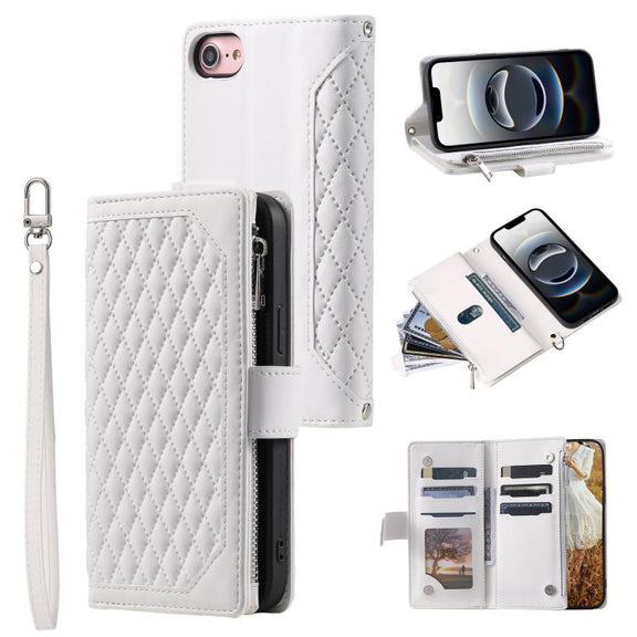 For iPhone 16e Grid Texture Zipper Leather Phone Case with Lanyard(White)