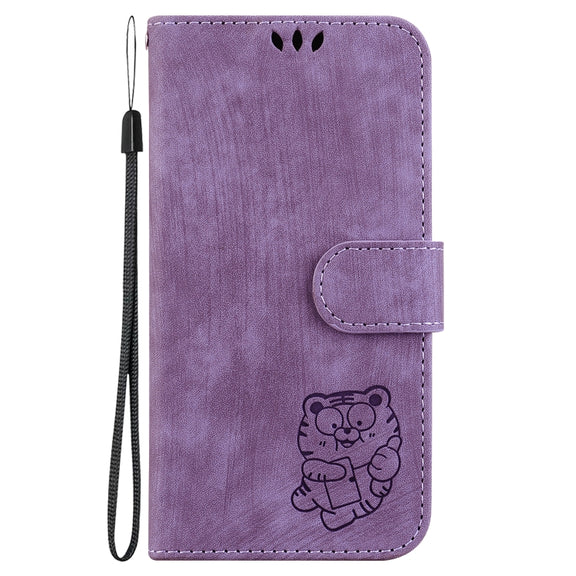 For iPhone 16e Little Tiger Embossed Leather Phone Case(Purple)
