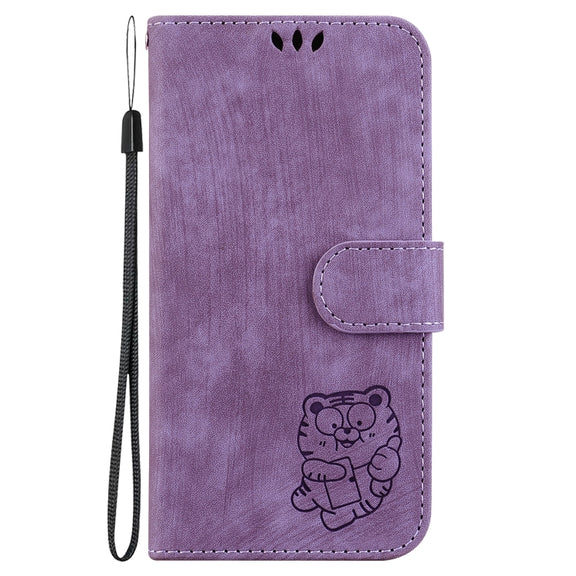 For iPhone 16 Plus Little Tiger Embossed Leather Phone Case(Purple)