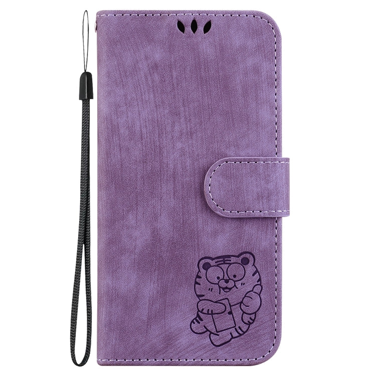 For iPhone 16 Little Tiger Embossed Leather Phone Case(Purple)