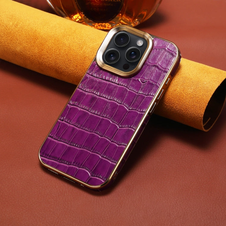 For iPhone 16 Pro Max Denior Crocodile Texture Genuine Leather Electroplating Phone Case(Purple)