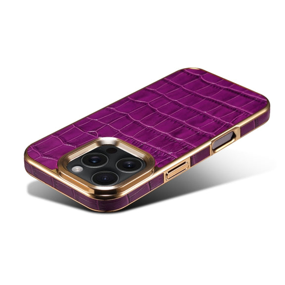 For iPhone 16 Pro Max Denior Crocodile Texture Genuine Leather Electroplating Phone Case(Purple)