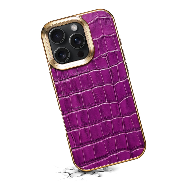 For iPhone 16 Pro Max Denior Crocodile Texture Genuine Leather Electroplating Phone Case(Purple)