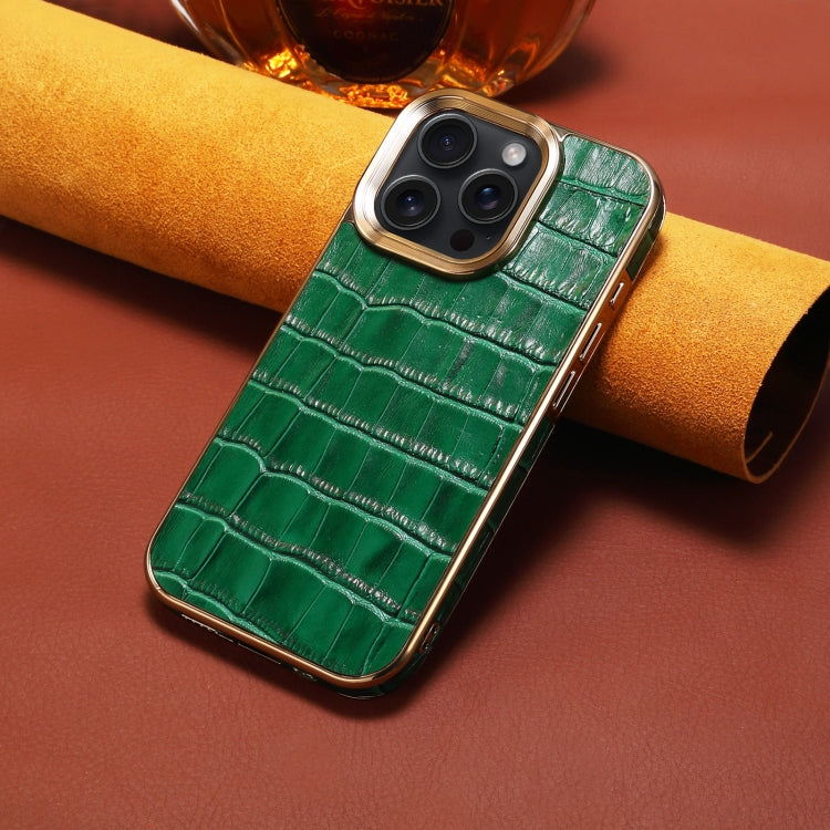 For iPhone 16 Pro Max Denior Crocodile Texture Genuine Leather Electroplating Phone Case(Green)